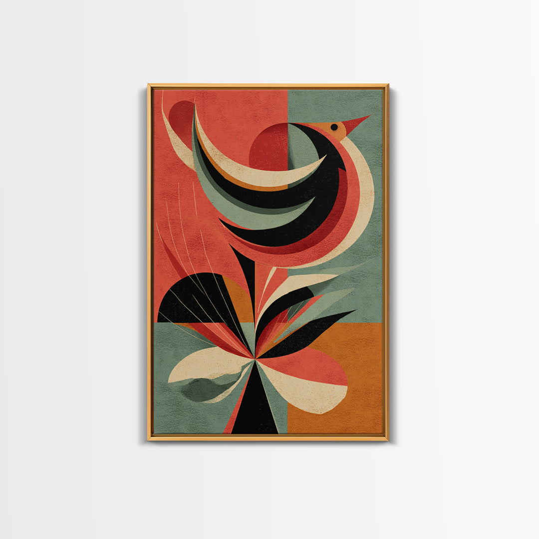 Retro Bird And Flower Wall Art, Midcentury Modern Canvas Print, Colorful Geometric Poster, MCM Botanical Home Decor, Gift