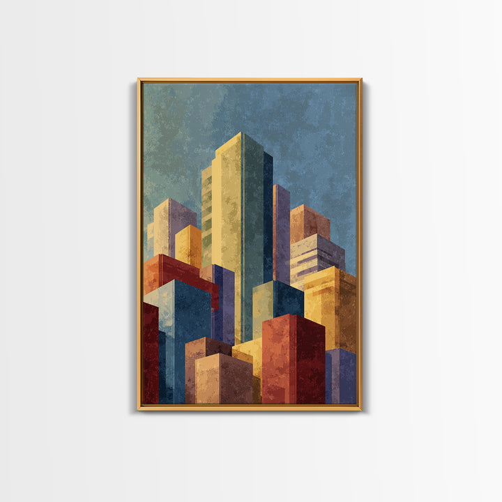 Golden Abstract City Skyline Wall Art, Mid Century Modern Print, Urban Architecture Decor, Colorful Office Living Room Poster