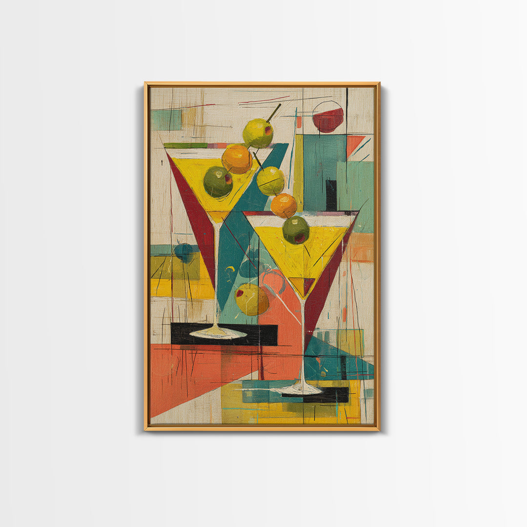 Retro Martini Glasses With Olives Wall Art, Mid Century Modern Bar Cart Decor, Cocktail Poster, Colorful Kitchen Art Print