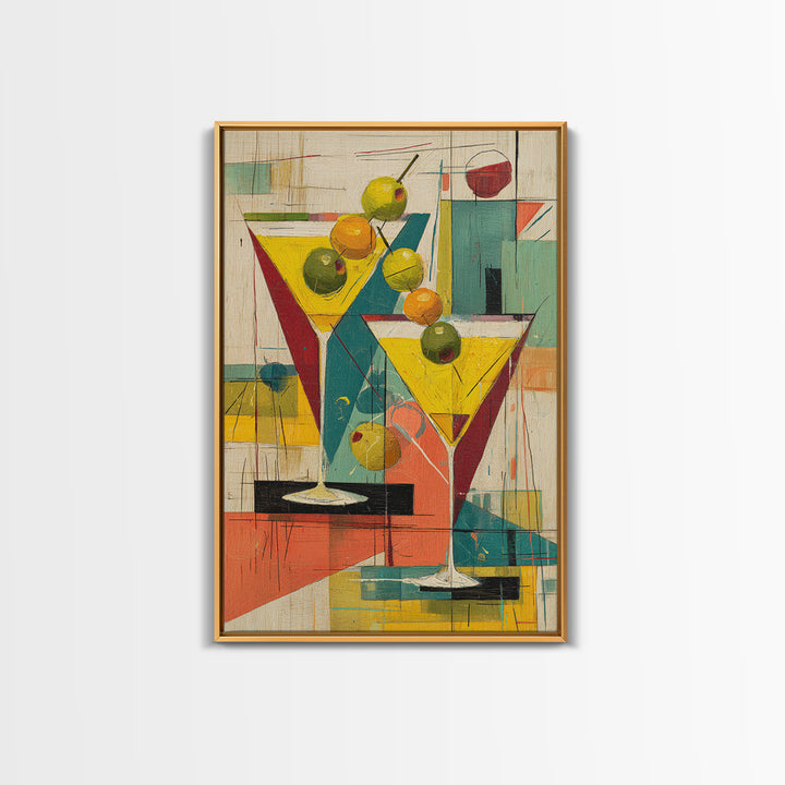 Retro Martini Glasses With Olives Wall Art, Mid Century Modern Bar Cart Decor, Cocktail Poster, Colorful Kitchen Art Print