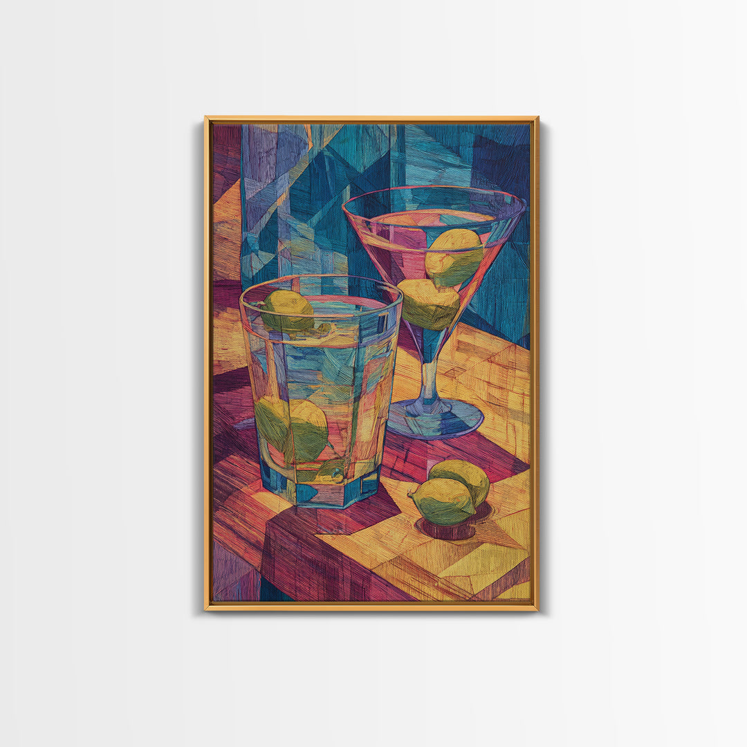 Cubist Cocktail Glasses With Limes Framed Canvas Print, Colorful Retro Wall Decor, Bar Cart Poster, Modern Kitchen Art Print