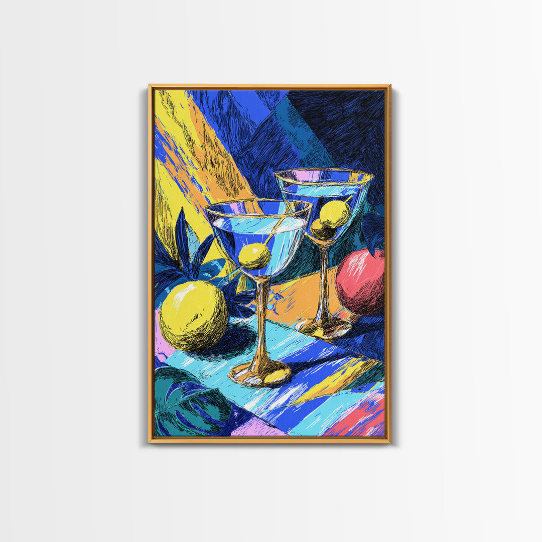 Bold Blue Martini Glasses With Lemons Canvas Print, Colorful Pop Art Bar Decor, Retro Cocktail Poster, Funky Kitchen Art