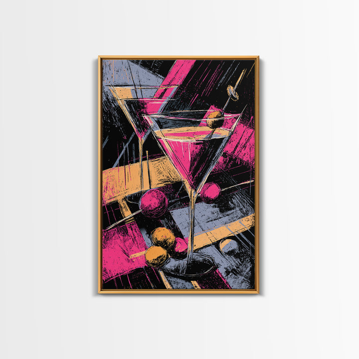 Neon Pink Martini Cocktail Wall Art, Retro Pop Art Bar Cart Decor, Maximalist Kitchen Poster, Bold Modern Canvas Print Gift