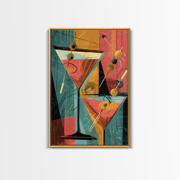 Atomic Martini Glasses With Olives Wall Art, Mid Century Modern Bar Decor, Retro Cocktail Poster, Geometric Kitchen Print