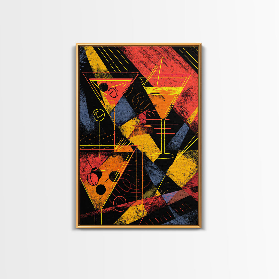 Graphic Martini Trio Canvas Print, Retro Cocktail Wall Decor, Bold Red Yellow Bar Cart Poster, Atomic Modern Kitchen Art