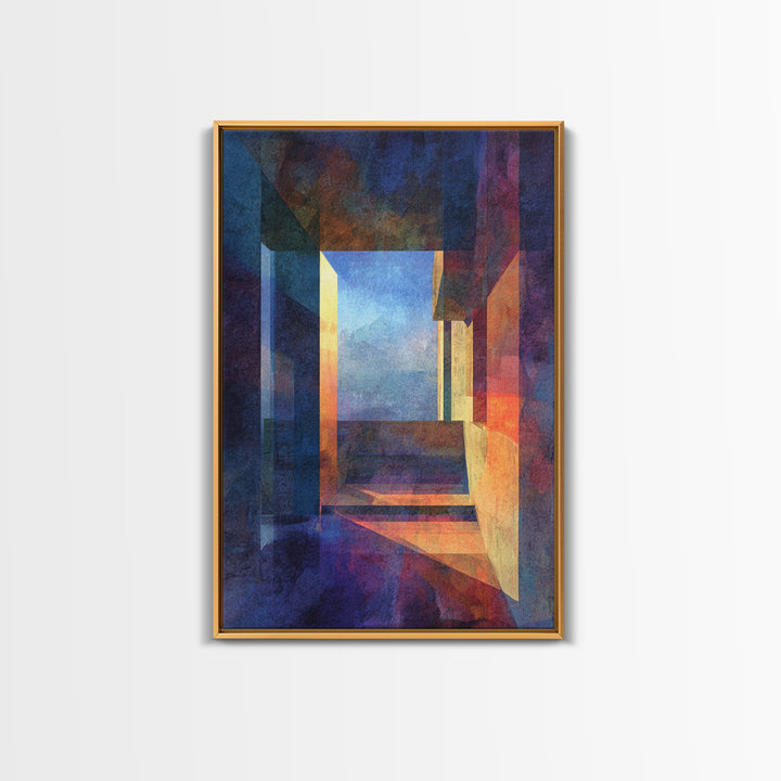 Abstract Architectural Hallway Canvas Print, Modern Wall Art, Geometric Perspective Art, Moody Blue Orange Home Office Decor