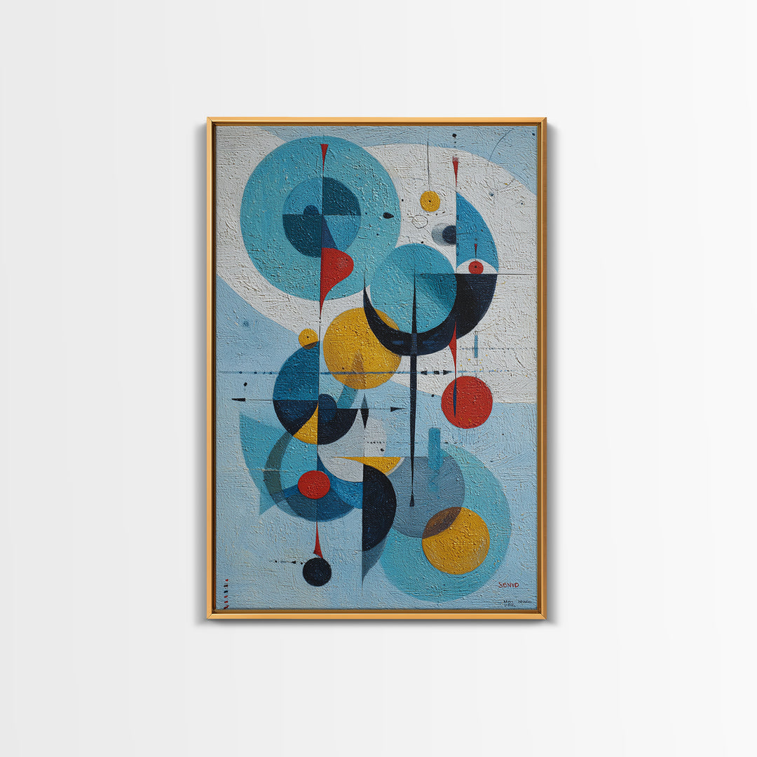 Blue Circle Bauhaus Framed Canvas Print, Midcentury Modern Wall Art, Atomic Geometric Artwork, Red Yellow MCM Decor, Living Room