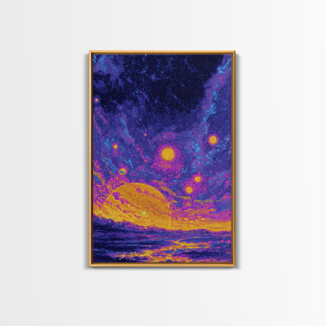 Starry Ocean Sunset Canvas Print, Cosmic Retro Wall Art, Yellow Purple Galaxy Decor, Dreamy Modern Seascape Poster, Living Room