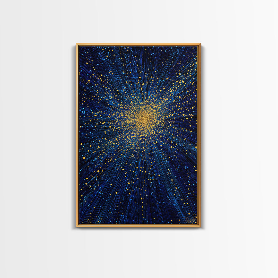 Blue And Gold Starburst Wall Art, Cosmic Particle Explosion, Space Abstract Art, Modern Art Print, Large Living Room Decor