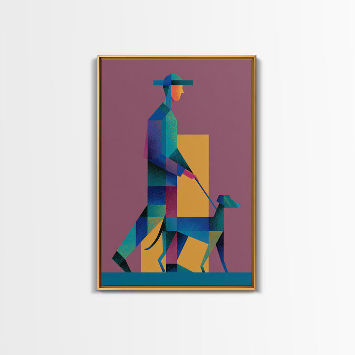 Geometric Man Walking Dog Canvas Print, Midcentury Modern Wall Art, Bauhaus Style Poster, Retro Pet Lover Home Decor Gift
