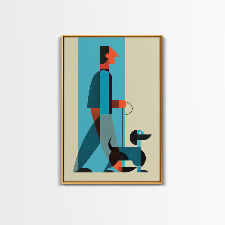 Midcentury Man With Dachshund Wall Art, Geometric Modern Art Print, Retro Dog Walker Poster, Minimalist Home Decor Gift For Dog Lovers