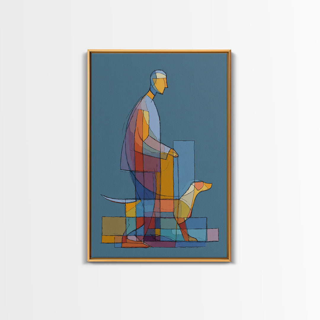 Transparent Geometric Man Dog Wall Art, Midcentury Modern Art Print, Abstract Line Drawing, Blue Bauhaus Living Room Decor