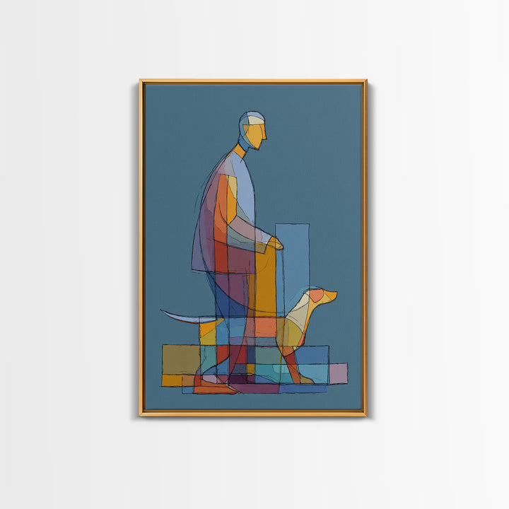Transparent Geometric Man Dog Wall Art, Midcentury Modern Art Print, Abstract Line Drawing, Blue Bauhaus Living Room Decor