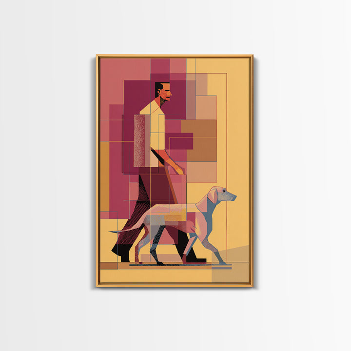 Pastel Man Walking Dog Canvas Print, Midcentury Modern Wall Art, Geometric Pink Orange Poster, Contemporary Pet Decor Gift