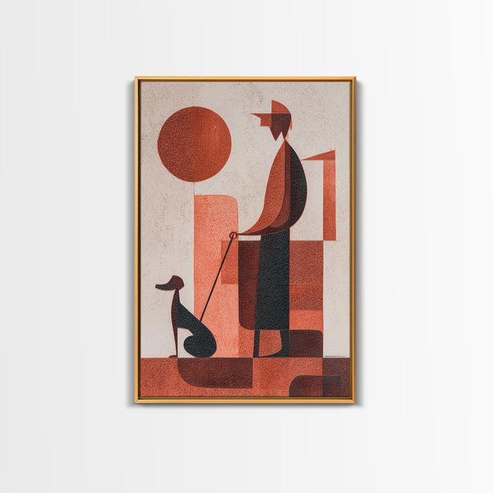Retro Red Man With Dog Wall Art, Midcentury Modern Art Print, Geometric Sun Poster, Burnt Orange Home Decor Gift For Him