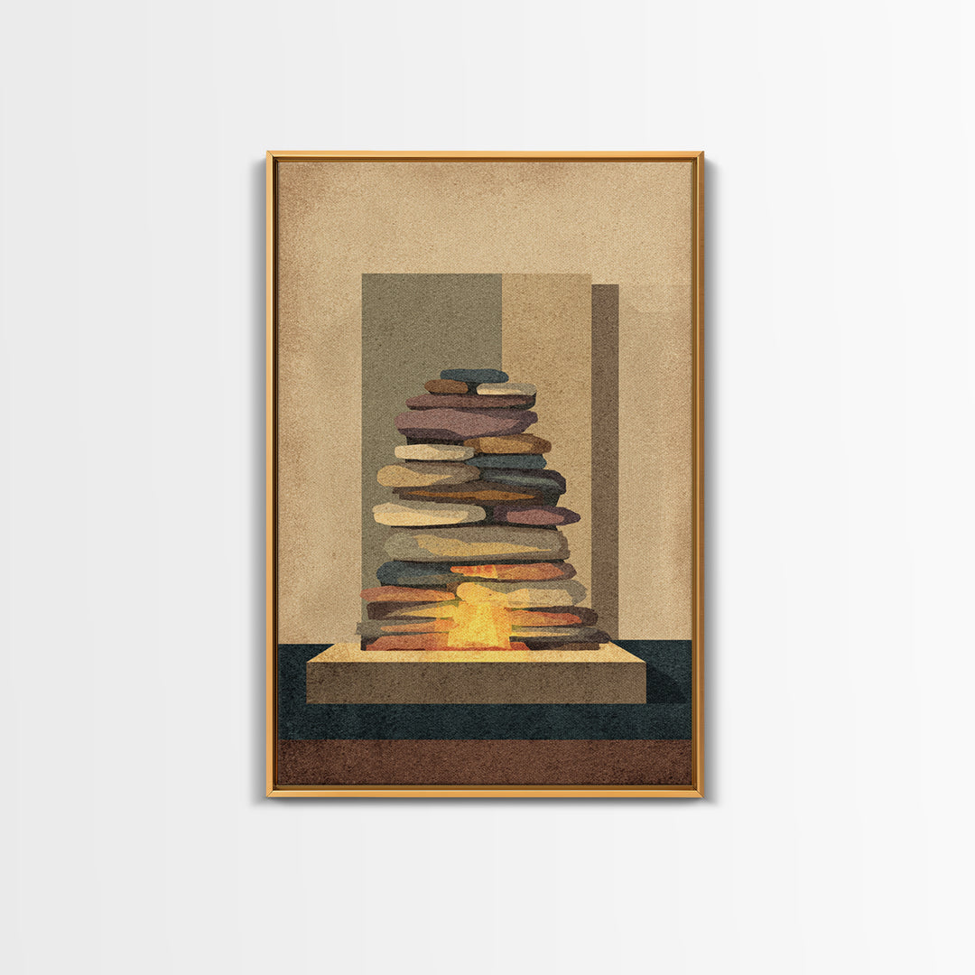 Stacked Stone Hearth With Glowing Fire Wall Art, Midcentury Modern Abstract Print, MCM Decor, Earth Tone Living Room Wall Decor