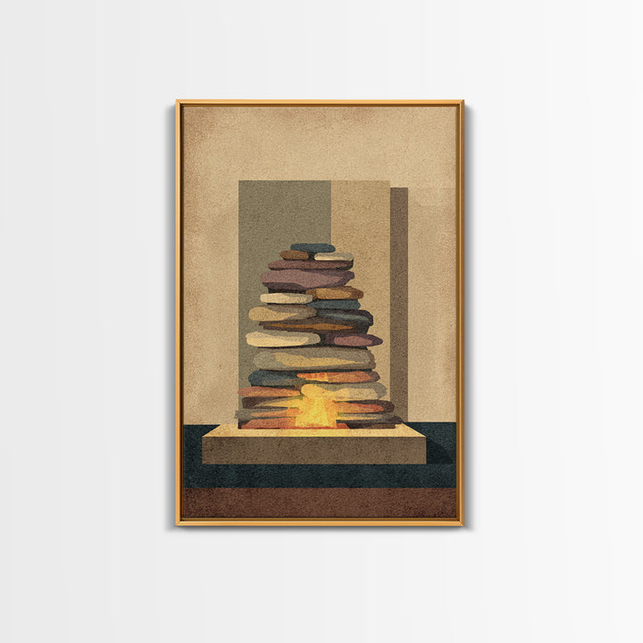 Stacked Stone Hearth With Glowing Fire Wall Art, Midcentury Modern Abstract Print, MCM Decor, Earth Tone Living Room Wall Decor