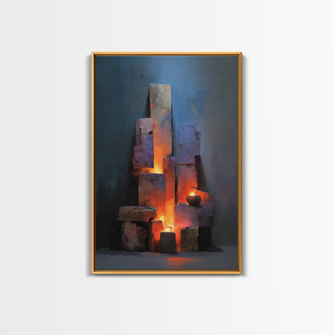 Glowing Brutalist Blocks And Candle Wall Art, Modern Abstract Art Print, Moody Blue Orange Decor, Industrial Home Office Poster