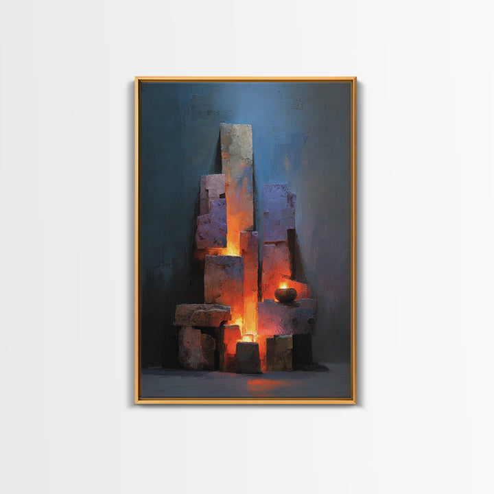 Glowing Brutalist Blocks And Candle Wall Art, Modern Abstract Art Print, Moody Blue Orange Decor, Industrial Home Office Poster