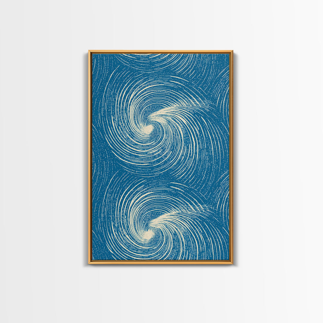 Teal Cream Double Spiral Wave Abstract Canvas Print, Retro Modern Wall Art, Coastal Geometric Poster, Blue Living Room Decor
