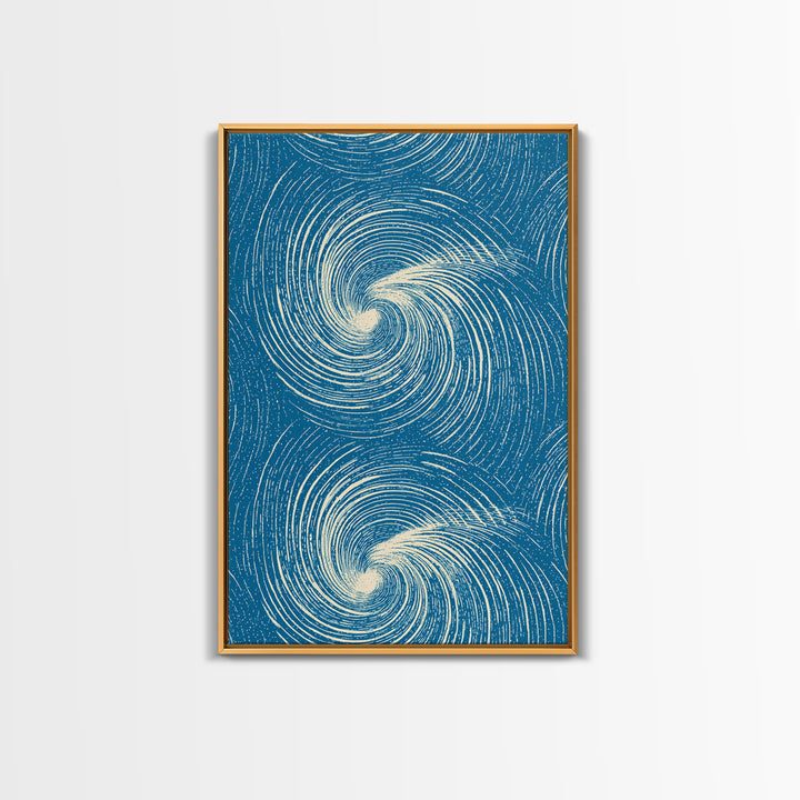 Teal Cream Double Spiral Wave Abstract Canvas Print, Retro Modern Wall Art, Coastal Geometric Poster, Blue Living Room Decor