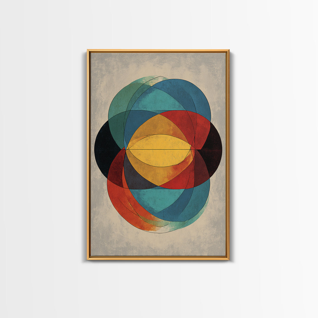 Overlapping Circles Geometric Wall Art, Midcentury Modern Abstract Canvas Print, Bauhaus Style Colorful Home Decor Poster