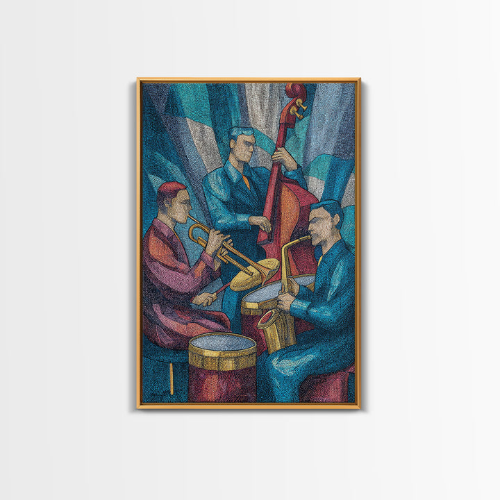 Colorful Jazz Band Trumpet Bass Drums Framed Canvas Print, Midcentury Modern Wall Art, Music Room Decor, Retro Poster Gift