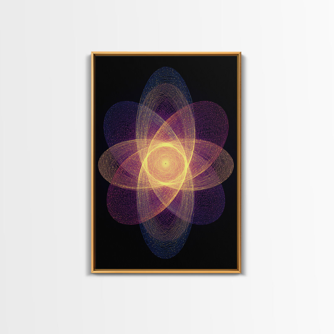 Radiant Purple Gold Atomic Flower Framed Canvas Print, Midcentury Modern Wall Art, Cosmic Geometric Art, Retro Decor Poster
