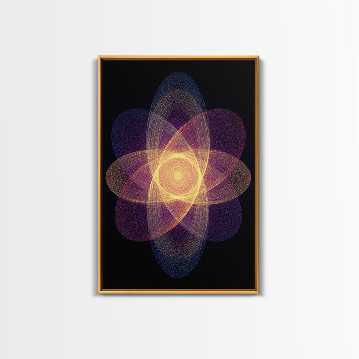 Radiant Purple Gold Atomic Flower Framed Canvas Print, Midcentury Modern Wall Art, Cosmic Geometric Art, Retro Decor Poster