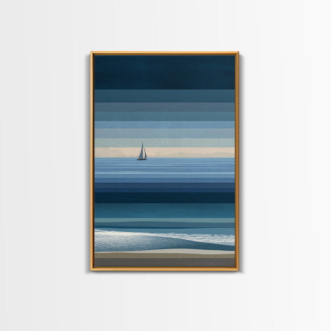 Minimal Blue Sailboat Seascape Wall Art, Coastal Landscape Art Print, Modern Wall Decor, Calm Ocean Nautical Home Decor Gift