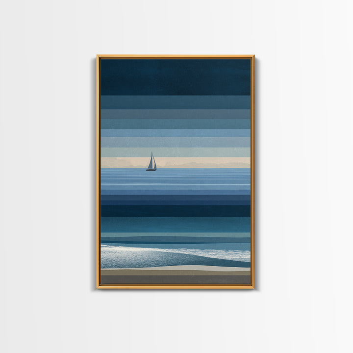Minimal Blue Sailboat Seascape Wall Art, Coastal Landscape Art Print, Modern Wall Decor, Calm Ocean Nautical Home Decor Gift