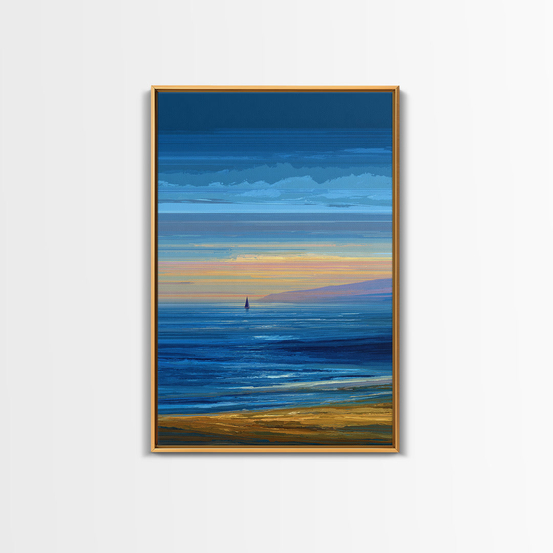 Blue Coastal Sunset Sailboat Framed Canvas Print, Ocean Beach Wall Art, Modern Landscape Art, Nautical Living Room Decor