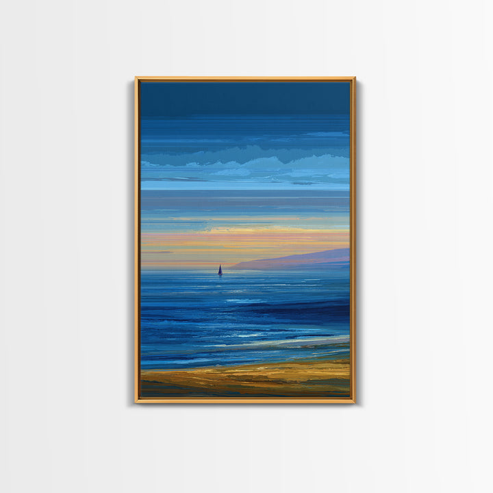 Blue Coastal Sunset Sailboat Framed Canvas Print, Ocean Beach Wall Art, Modern Landscape Art, Nautical Living Room Decor