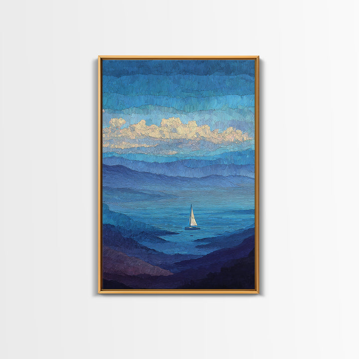 Textured Blue Mountain Lake Sailboat Wall Art, Scenic Coastal Landscape Print, Modern Home Decor, Peaceful Nature Artwork