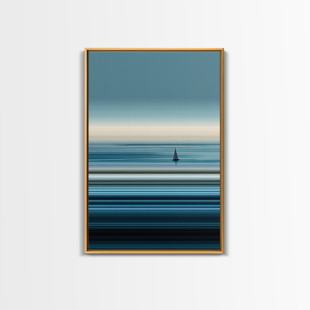 Minimalist Calm Sea Sailboat Canvas Print, Blue Horizontal Ocean Wall Art, Modern Coastal Decor, Serene Home Office Art Print