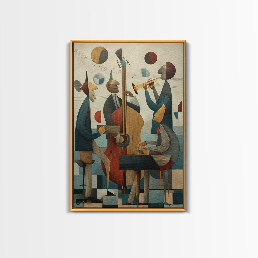 Cubist Jazz Trio With Upright Bass And Trumpet Wall Art, Midcentury Modern Art Print, Music Room Decor, Framed Canvas Print