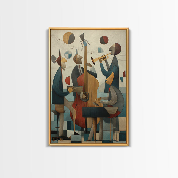Cubist Jazz Trio With Upright Bass And Trumpet Wall Art, Midcentury Modern Art Print, Music Room Decor, Framed Canvas Print