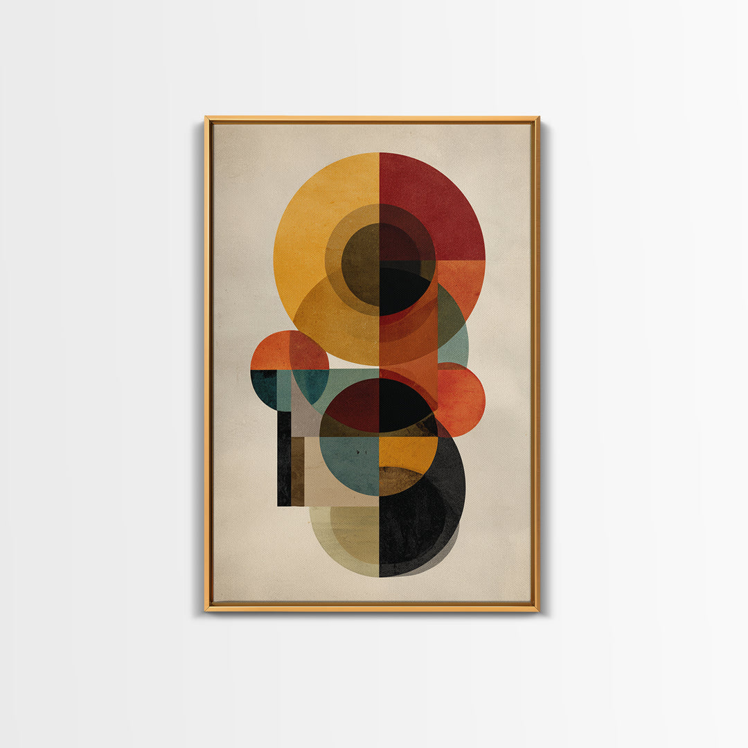 Ochre Red Teal Circle Abstract Framed Canvas Print, Midcentury Modern Wall Art, Geometric Bauhaus Home Decor Poster Print Gift