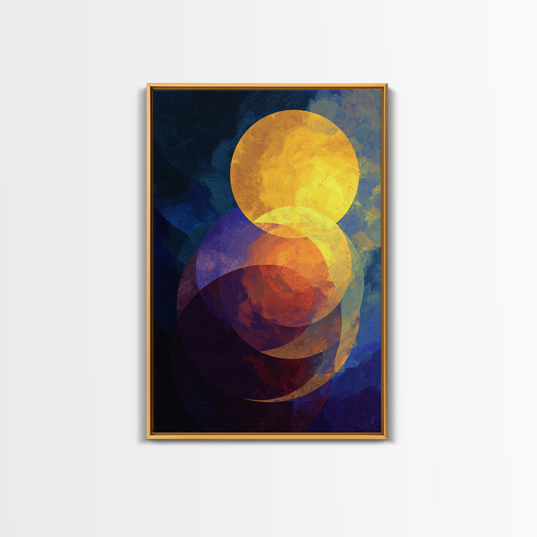 Golden Celestial Circles Abstract Wall Art, Midcentury Modern Art Print, Retro Geometric Decor, Blue Orange MCM Home Decor
