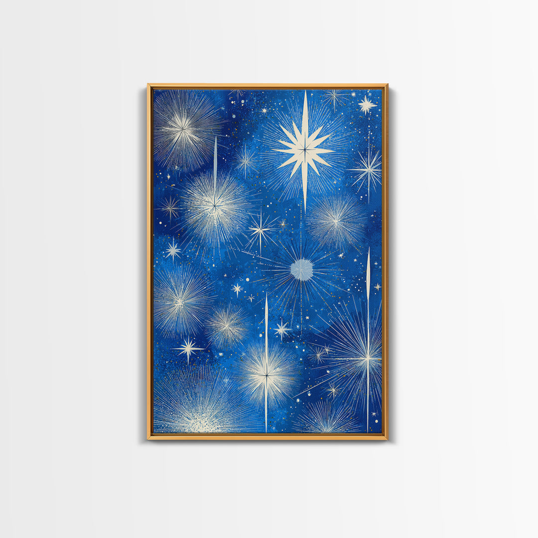 Blue Atomic Starburst Sky Wall Art, Midcentury Modern Celestial Print, Retro Space Poster, Minimalist MCM Home Decor, Blue And White