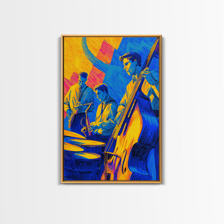 Neon Blue Yellow Jazz Trio Canvas Print, Bold Modern Wall Art, Colorful Music Poster, Midcentury Decor, Large Art Print Gift