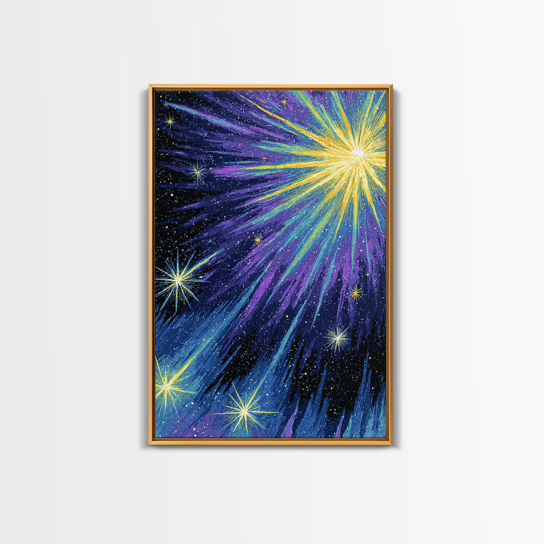 Radiant Comet Starburst Night Sky Framed Canvas Print, Cosmic Retro Wall Art, Space Abstract Art, Modern Home Decor, Gallery Wall Art