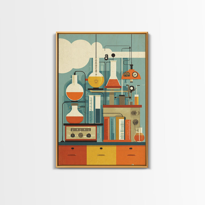 Midcentury Science Lab Beakers Canvas Print, Retro Chemistry Wall Art, Atomic Modern Decor, Office Poster, Orange MCM Art