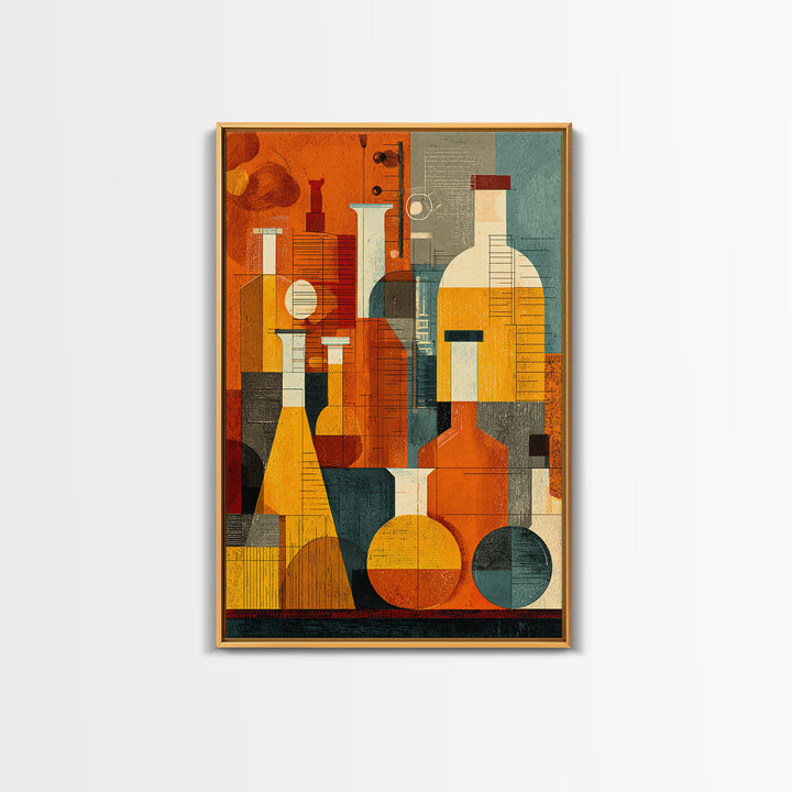 Abstract Chemistry Bottles Wall Art, Midcentury Modern Canvas Print, Atomic Science Poster, Orange Teal Office Decor, MCM Decor