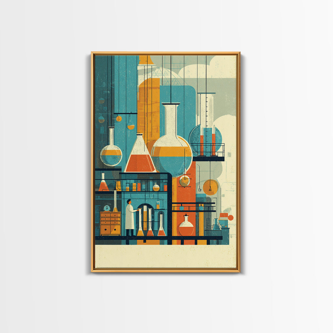 Towering Science Lab Glassware Wall Art, Midcentury Modern Canvas Print, Retro Chemistry Poster, Atomic Office Decor, MCM Art