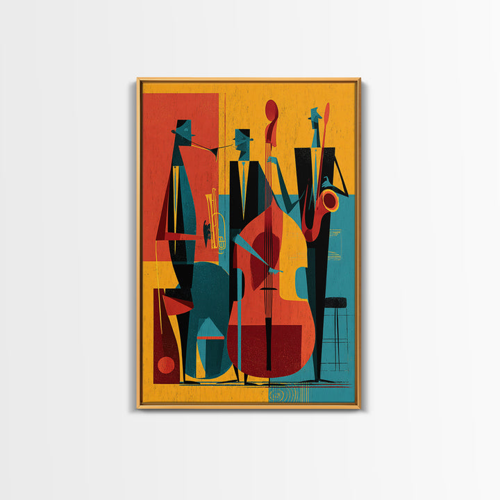 Retro Abstract Jazz Band With Bass And Saxophone Wall Art, Midcentury Modern Poster, Orange Teal Decor, Framed Canvas Print