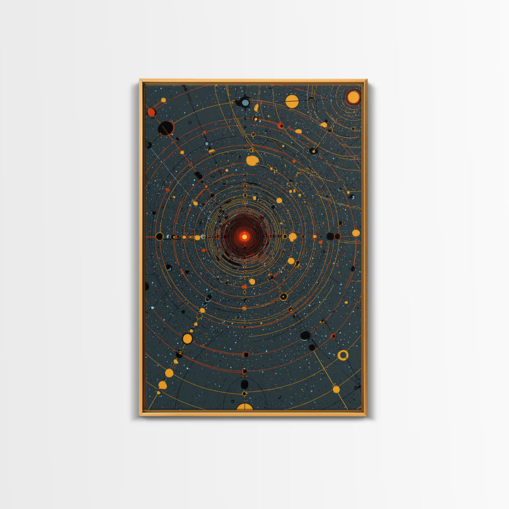 Orange Orbital Solar System Canvas Print, Midcentury Space Wall Art, Atomic Retro Poster, Modern Office Decor, Sci Fi Art