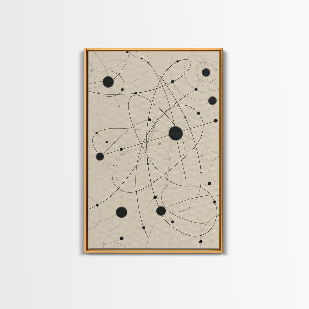 Beige Atomic Orbit Lines Canvas Print, Midcentury Modern Art Print, Geometric Wall Art, Retro Science Decor For Office Space