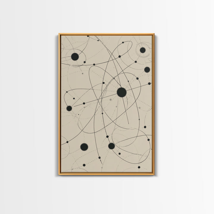 Beige Atomic Orbit Lines Canvas Print, Midcentury Modern Art Print, Geometric Wall Art, Retro Science Decor For Office Space