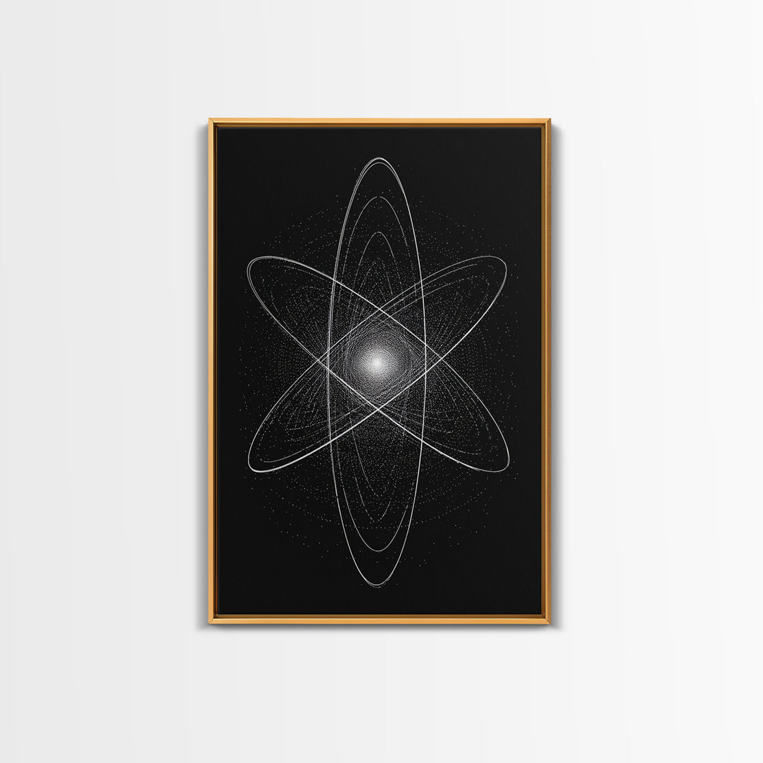 White Atomic Starburst On Black Framed Canvas Print, Modern Wall Art, Space Abstract Art, Science Poster For Home Office